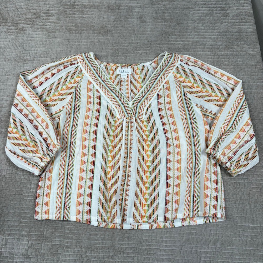 Velvet by Graham & Spencer Organic Cotton Geometric V-Neck Blouse Small